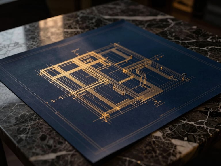 Architectural blueprint overlaying a dark marble table, soft golden light highlighting structural lines, low-key luxury aesthetic, 35mm