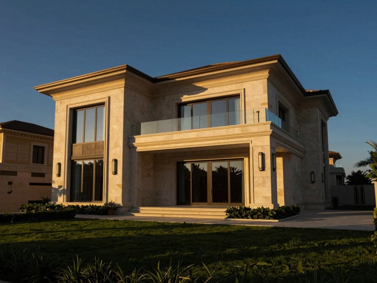 Wide shot of a completed luxury villa exterior, sharp architectural lines, sun-drenched, with a manicured landscape, Dubai.