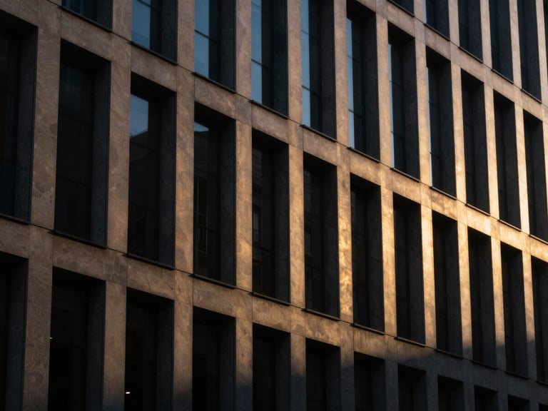 Dramatic architectural detail of a modern commercial building facade, deep shadows, reflecting golden hour light.