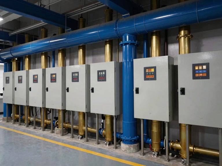 Wide shot of a neatly organized mechanical room with HVAC ducts and control panels, sharp directional work light, deep blue and brass tones.