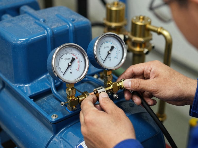 Technician's hands adjusting a manifold gauge on a refrigeration compressor, showing precise readings, sharp directional work light, deep blue and brass tones.