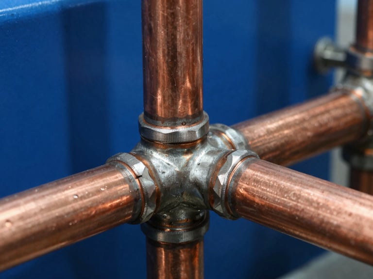 Close-up macro shot of copper piping welds on a commercial refrigeration unit, sharp directional work light, deep blue and brass tones.
