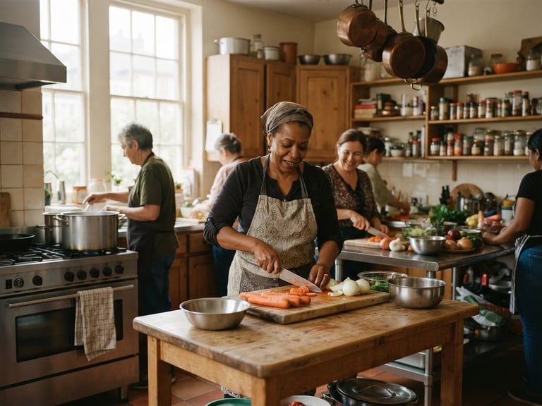 Warm documentary photo of a sunlit community kitchen, soft natural window light, rich earthy tones, medium format film