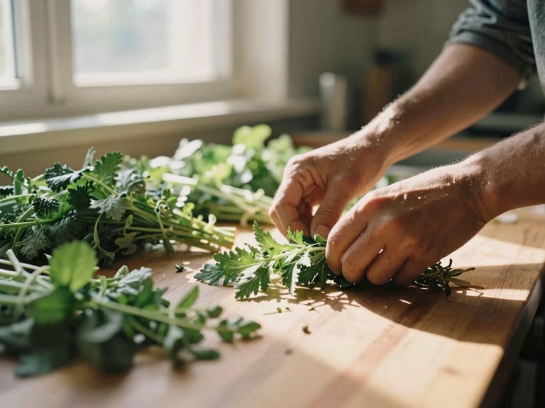 A close-up of hands arranging fresh herbs on a wooden table in a sunlit community kitchen, natural light streaming through a window, warm editorial photography, authentic and dignified.