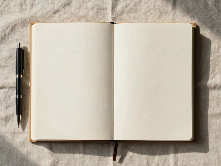 Wide overhead flat-lay of a finished manuscript stack beside a closed notebook and a pen on a textured linen desk surface, soft north-facing daylight, clean and settled composition, no hands in frame
