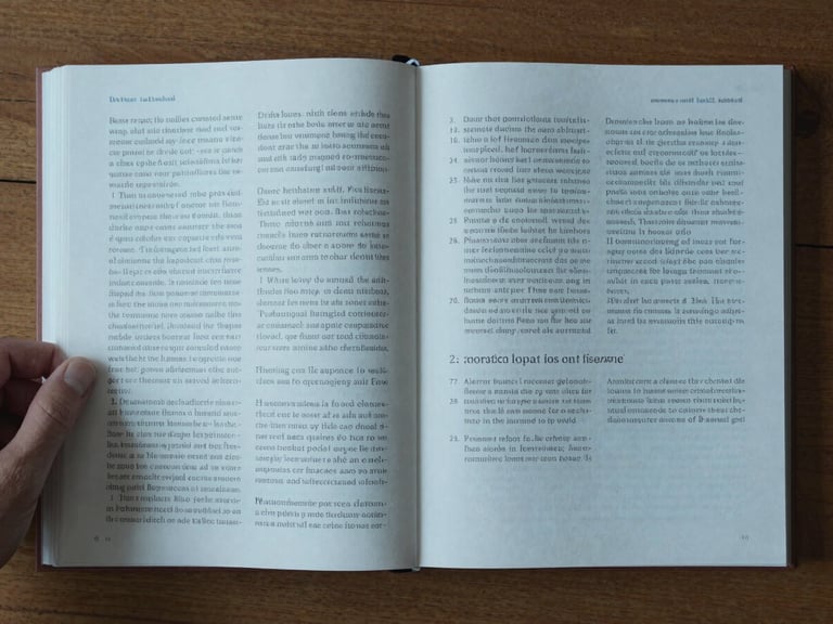 Overhead flat-lay of an open academic manuscript on a wooden desk, a hand resting beside annotated pages, cool north-facing daylight falling across the paper, dense margin notes visible in ink, no digital devices