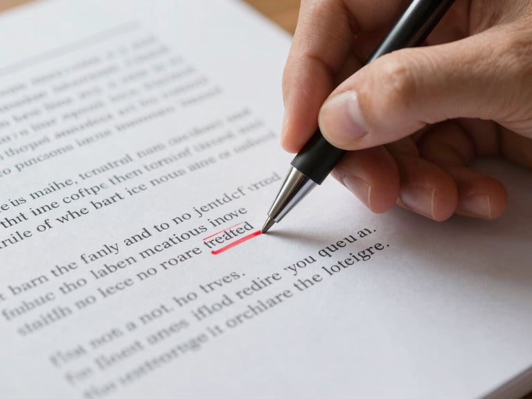 Close-up of a hand holding a pen, making a correction mark on a printed thesis page, soft tungsten light from the left, the text and red ink annotation sharp in the foreground, paper texture visible