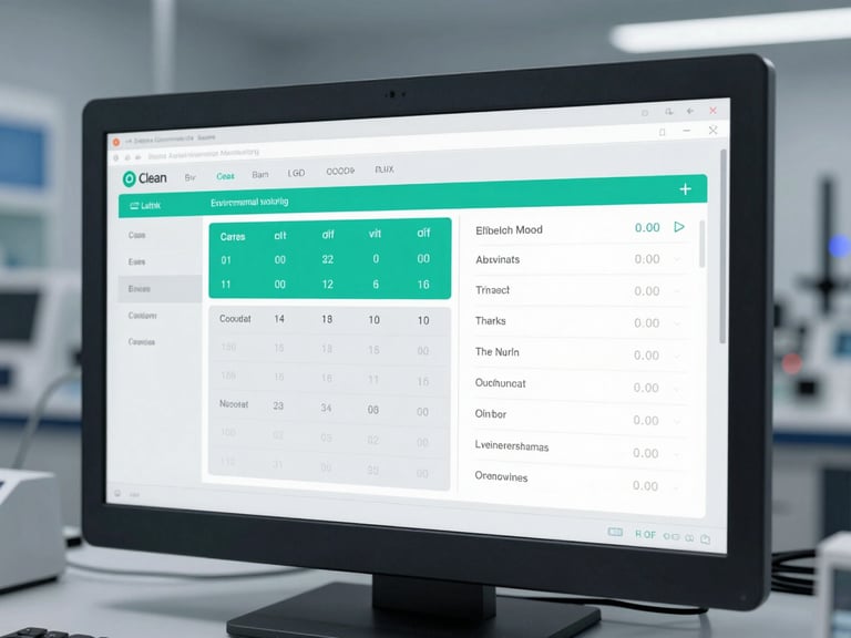 Clean laboratory software interface mockup showing automated environmental monitoring data, slate gray and laser teal accents, high contrast data matrix.