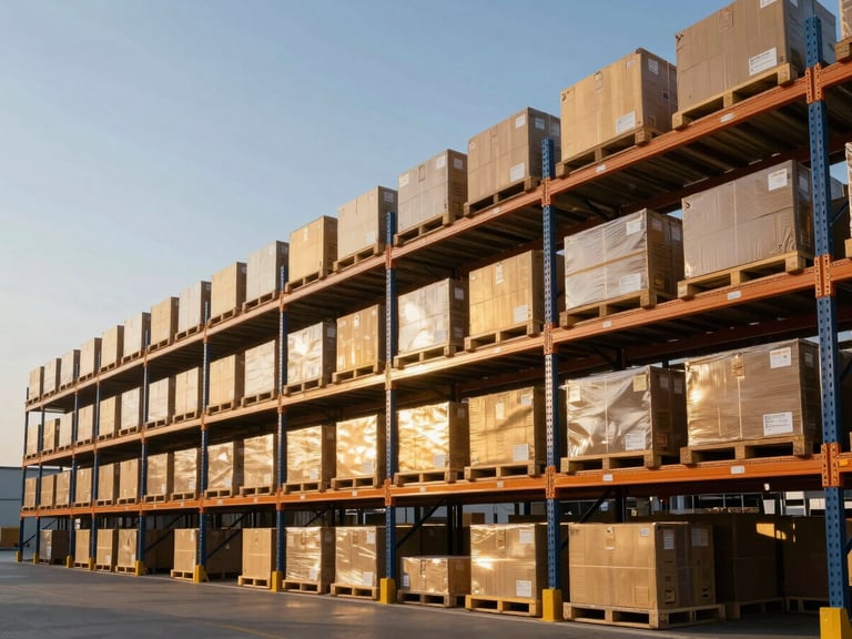 Modern commercial warehouse with structured shelves and cargo boxes, bright daylight, high contrast logistics environment