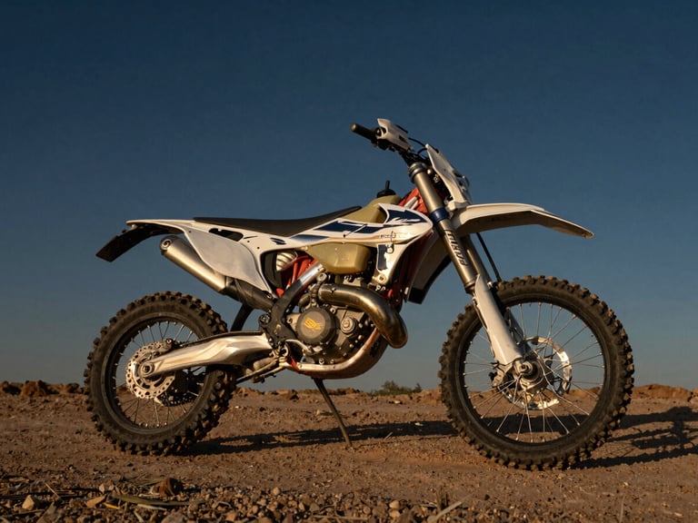 Cinematic photography of a robust off-road motorcycle parked on a rugged dirt path, golden hour sunlight glinting off the engine, deep navy sky, sharp focus, industrial and durable feel.