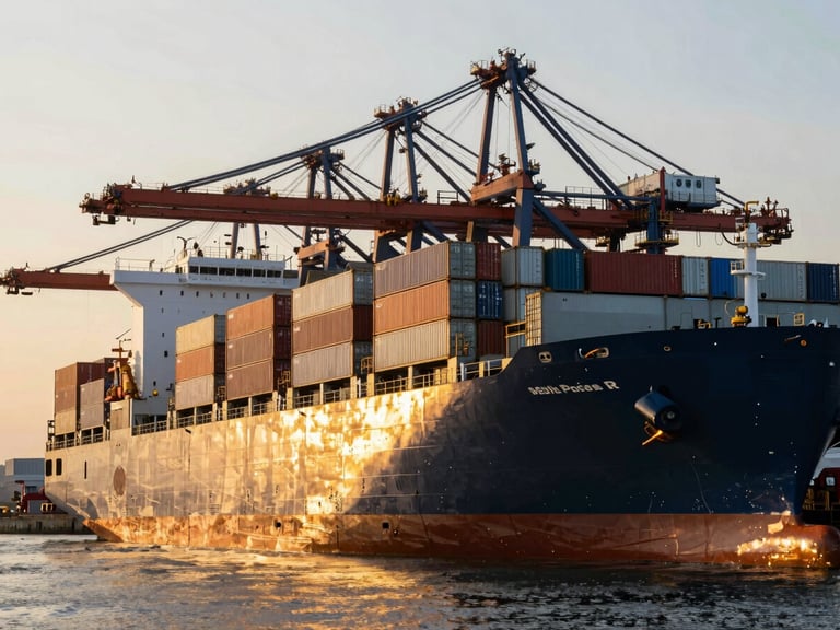 Industrial cargo ship loading steel containers at a modern port terminal, golden hour lighting, cinematic reflections