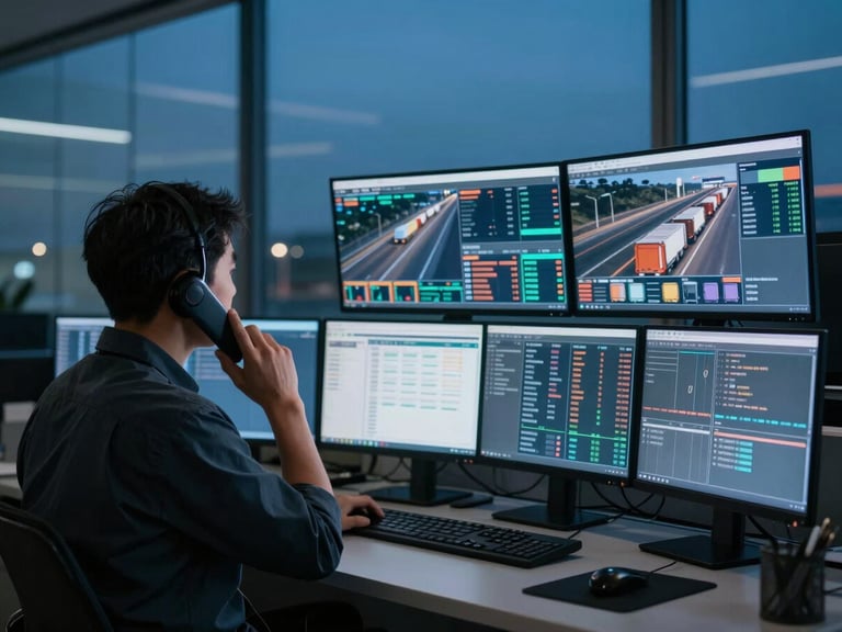 A professional dispatcher on the phone, looking at a multi-screen setup displaying real-time freight market data, clean office environment, twilight lighting, deep blues and amber accents, sharp focus, 35mm