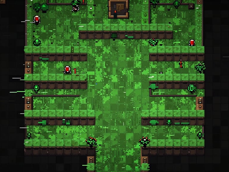 Full game screenshot at native resolution showing a pixel art dungeon environment with glitching tile effects, high contrast green and dark palette, no UI overlays, screenshot taken directly from the game build