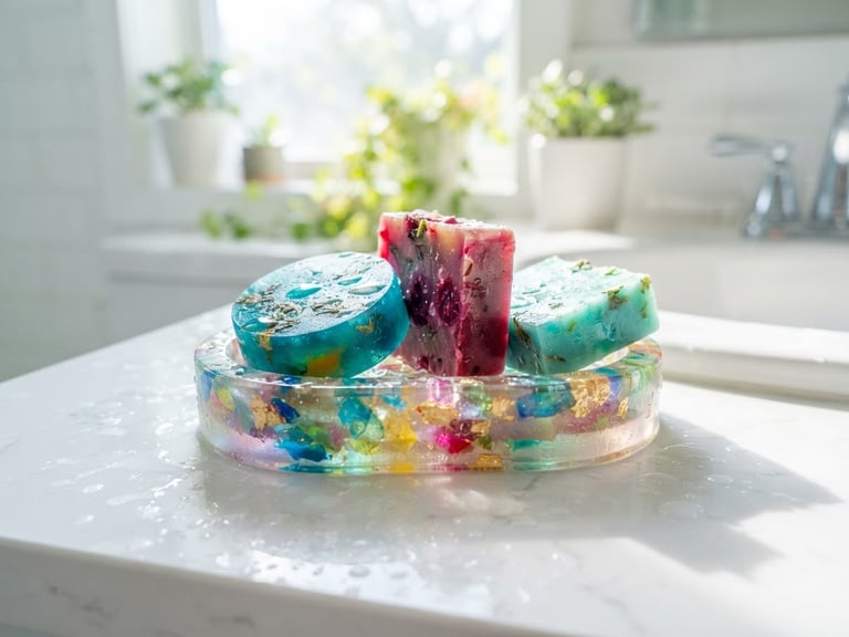Bright sunny morning bathroom, a translucent resin soap dish catching high-key natural light on a clean white counter, matching colorful soaps nearby