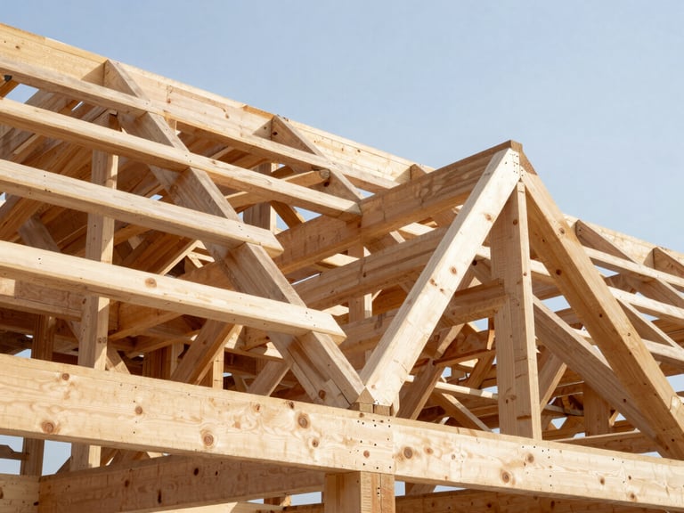 Sharp architectural close-up of complex multi-angle roof rafters and structural timber trusses meeting with millimeter precision, bright daylight