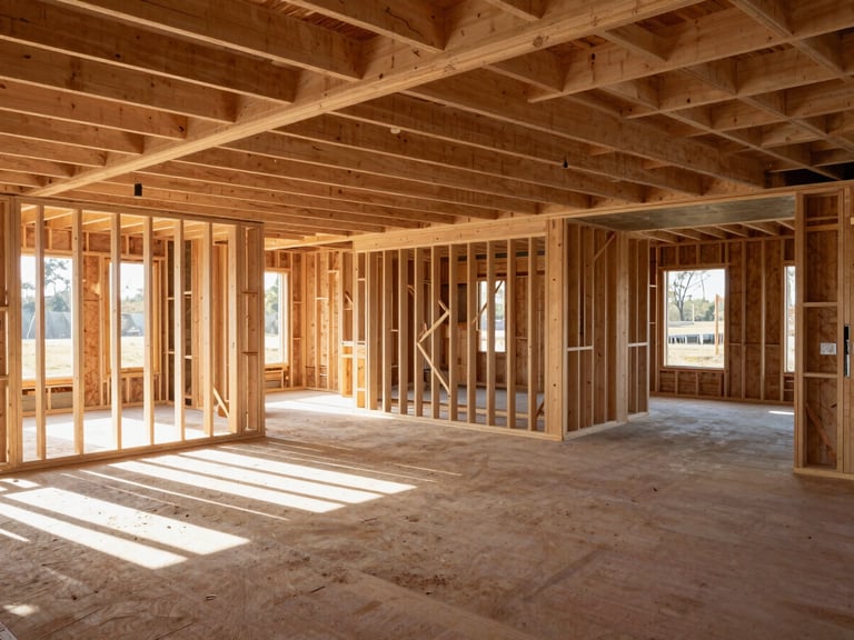 Wide shot of an immaculate, swept framing jobsite inside a custom house build, sunlight streaming through exposed wall studs, no debris