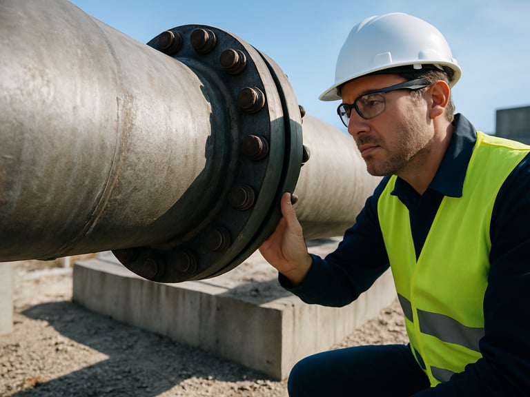 Close-up technical shot of an engineer in a high-visibility vest inspecting a massive steel pipe joint on an outdoor construction site, bright daylight.