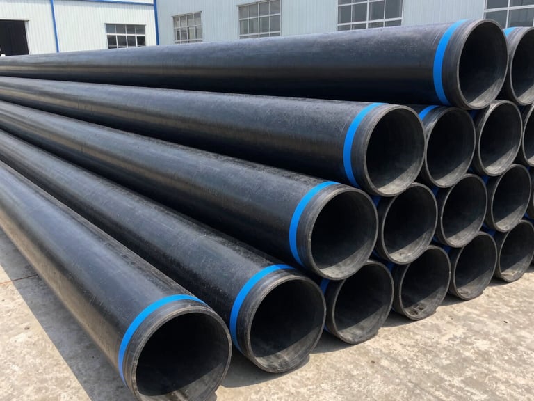 Industrial warehouse setting showing neatly stacked large-diameter black HDPE pipes with blue stripes, clean industrial composition, bright natural light.