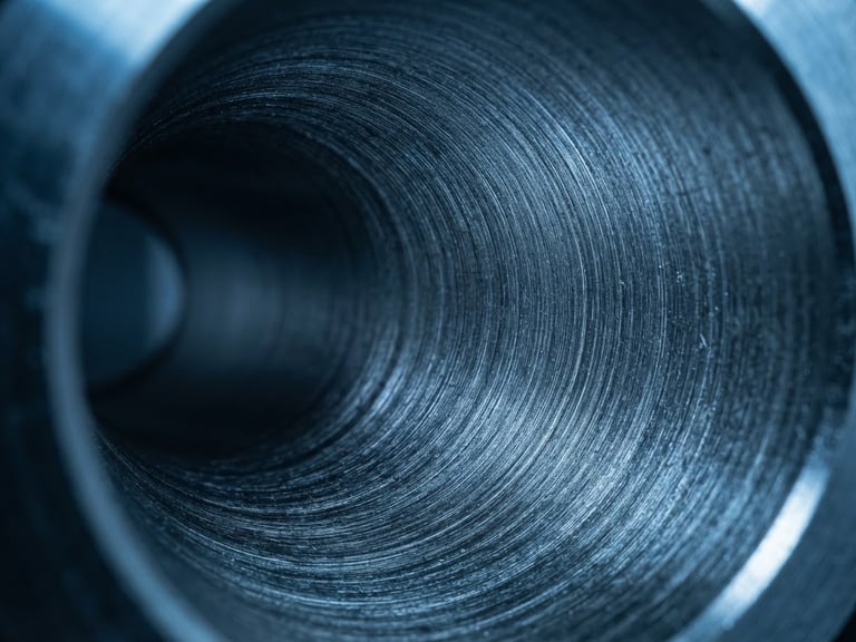Macro shot of a machined steel alloy tube interior, showing flawless fine-grained structure, cool blue industrial lighting, high-contrast details