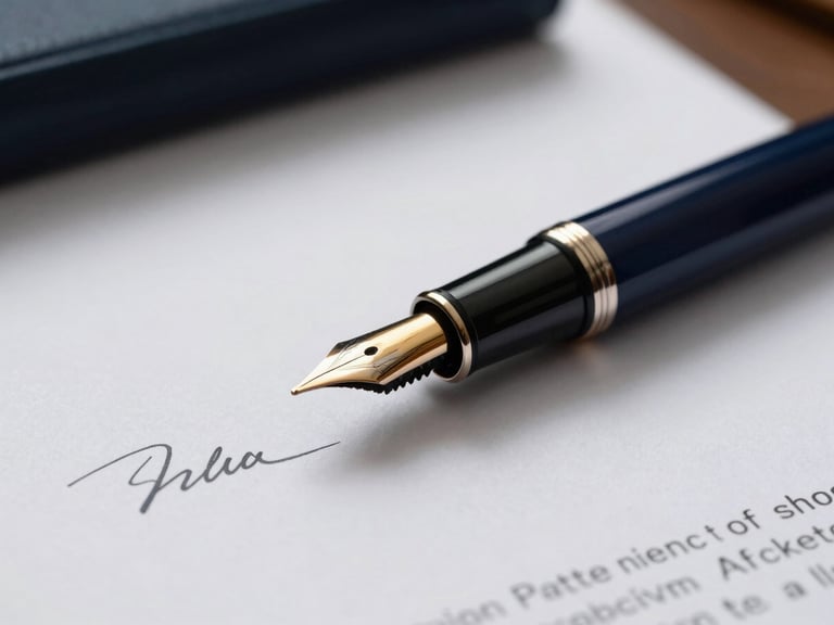 Close-up of a high-end fountain pen resting on a signed financial contract, soft shadows, dark navy tones, professional office light