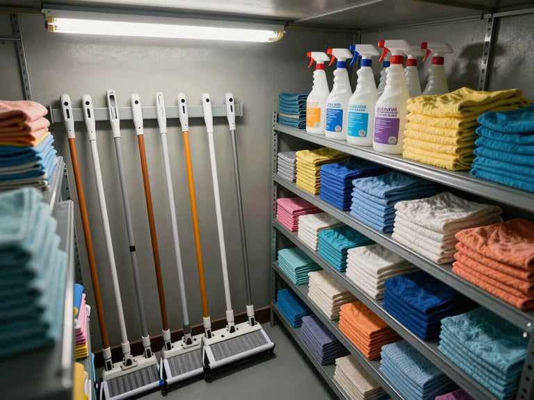 Close overhead angle of an organized commercial supply closet: mop handles racked by size, labelled spray bottles arranged on metal shelving, folded microfiber cloths stacked by color, harsh overhead fluorescent light casting sharp shadows, no people present, industrial facility setting
