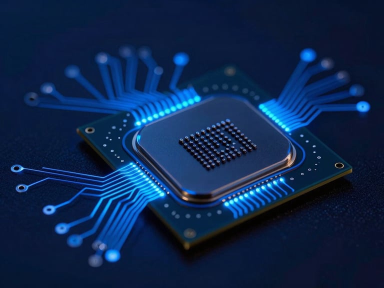 Extreme close-up macro of high-end server processor circuitry, glowing electric blue traces, high-contrast cool studio lighting, deep navy background.