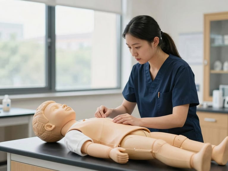 Nursing student in a simulation lab, focused on a medical dummy, bright natural daylight, deep navy and gold accents, clean modern campus setting, 35mm lens