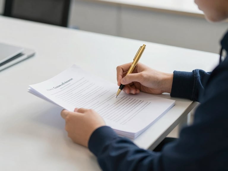 A close-up of a student's hands reviewing academic documents, with a gold pen, on a clean, modern desk under natural daylight. Editorial academic photography, bright natural daylight, deep navy and gold accents, clean modern campus setting, 35mm lens.