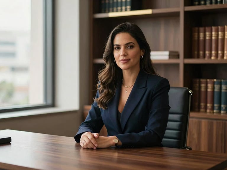 Elegant professional portrait of Dra. Fernanda Julie, a sophisticated Brazilian lawyer, sitting at a dark walnut desk in a contemporary, high-end office in São Paulo. Soft natural light from a large window illuminates her face. In the background, sophisticated bookshelves with leather-bound volumes and subtle gold accents. Warm editorial portraiture, 85mm lens, shallow depth of field.