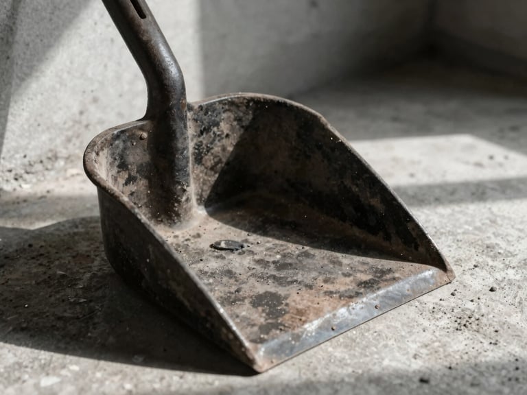 Extreme close-up of a scarred, heavy cast-iron dustpan resting on a raw concrete workshop floor, harsh direct window light casting deep shadows, gritty texture, desaturated industrial tones.