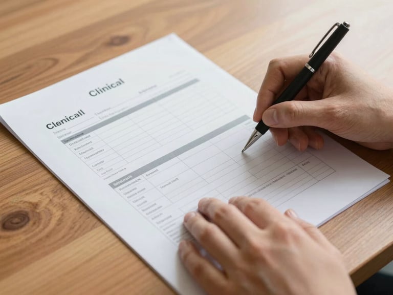 Close-up of hands reviewing clinical documents and a structured care plan on a warm wooden table, soft natural daylight.