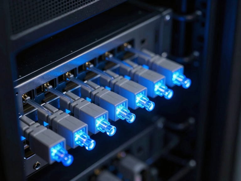 Macro photography of glowing electric blue fiber optic connectors in a dark server room, sharp focus, technical style.