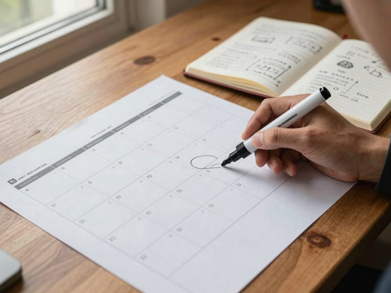 Close-up environmental shot of a strategy planning session from above: printed content calendar grid on a wooden table, a hand holding a marker circling a date, open notebook with handwritten copy ideas beside it, natural side-window light, warm documentary tones, no faces