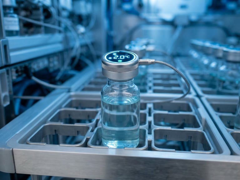 Close-up of clinical temperature-controlled medicine storage vial with digital blue-glowing sensor, sterile clinical photography, cool blue ambient light