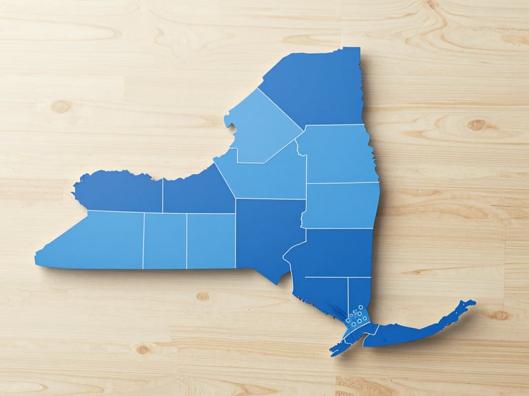 Stylized map of New York state with seven counties highlighted in construction blue, clean and modern graphic design, professional.