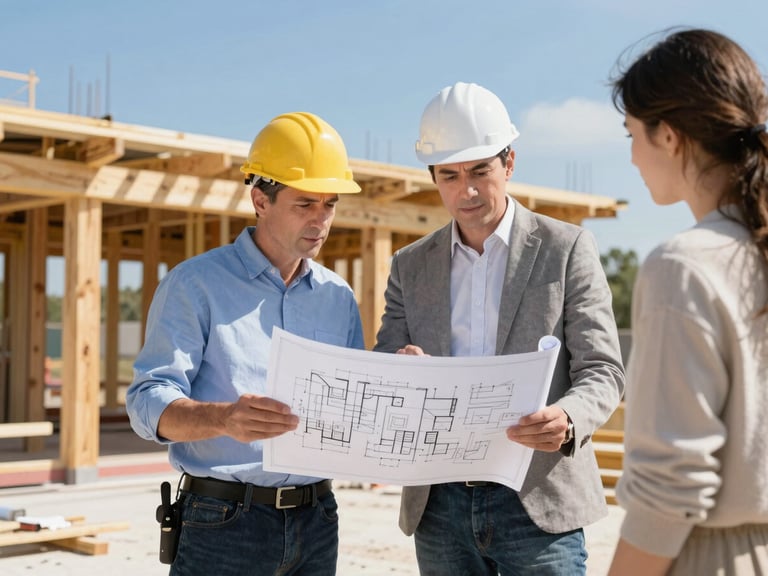 Construction project manager discussing plans with homeowner on-site, clear communication, blueprints, bright daylight, professional attire.