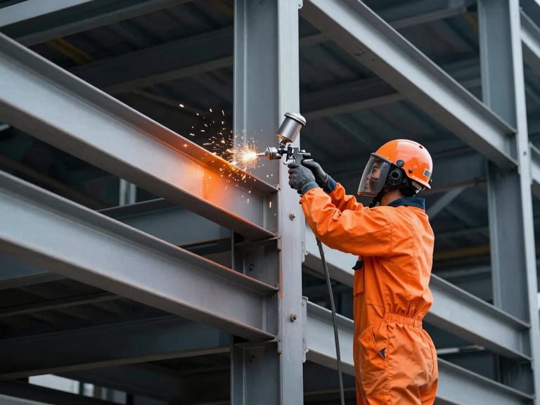 Professional painter applying high-visibility orange protective coating to a heavy industrial steel structure using an airless spray gun, clean lines, sharp focus.