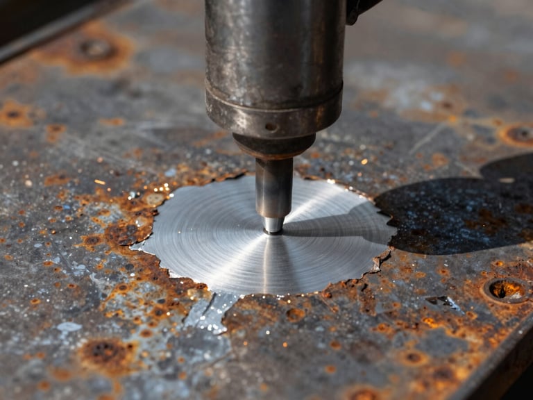 Industrial sandblasting nozzle blasting a rusted steel plate, revealing clean silver metal underneath, high contrast, sharp focus, industrial documentary style.