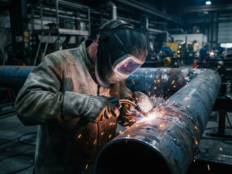 Close-up of industrial welder in protective gear working on a heavy steel pipe, intense orange sparks flying, cool blue steel background, sharp focus, dramatic lighting