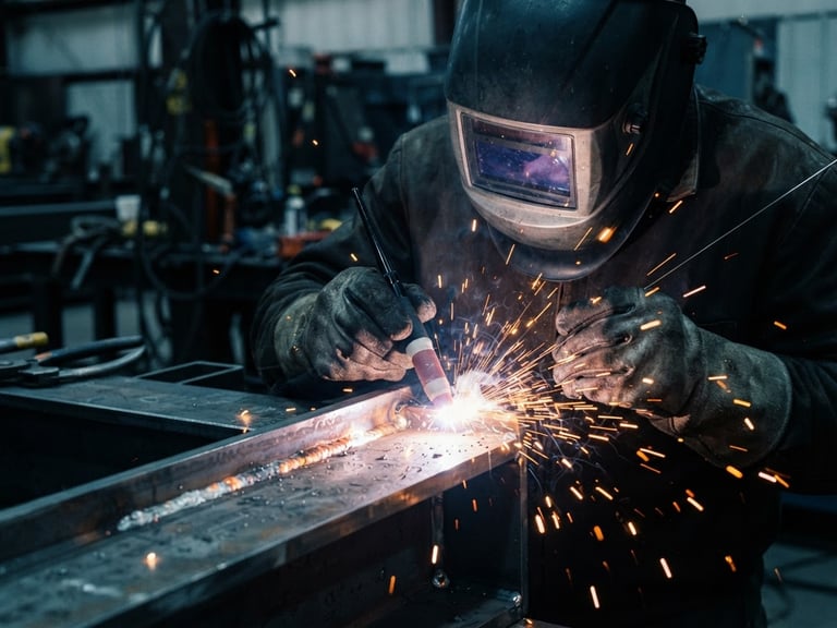 Close-up of precise industrial welding with bright orange sparks flying, cool steel background, sharp focus, professional industrial documentary style.