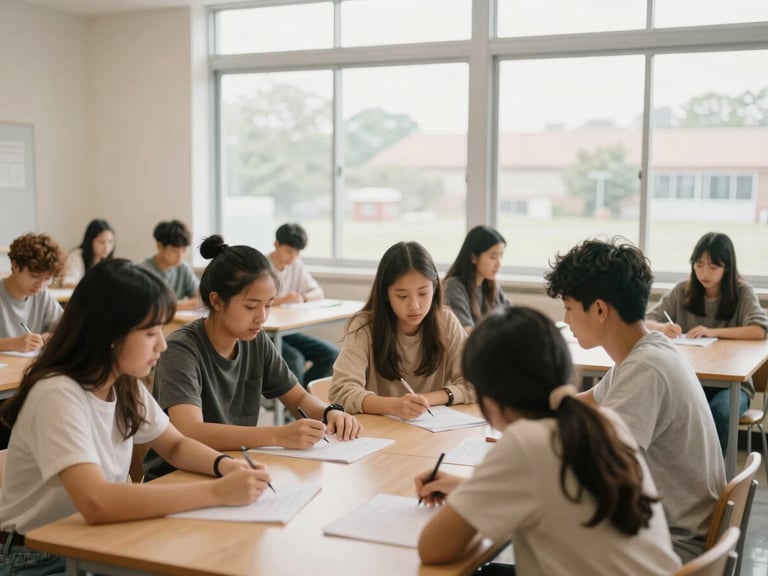 Students collaborating on a project in a bright community learning center, diverse group, natural window light, medium-wide environmental framing, 35mm