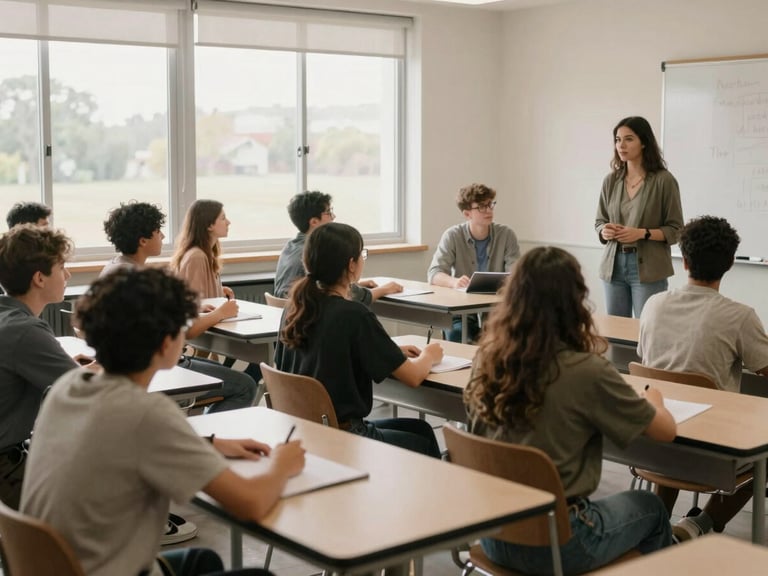 Diverse students in a modern classroom setting, engaged in a mentorship session, natural window light, soft desaturated earth tones, medium-wide environmental framing, 35mm
