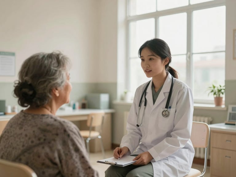 Community health worker speaking with an elderly woman in a bright, clean community clinic, natural window light, soft desaturated earth tones, medium-wide environmental framing, 35mm