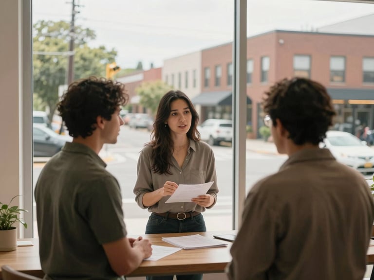 Local business owner discussing plans with a community leader in a revitalized urban neighborhood, natural light, medium-wide environmental shot, 35mm