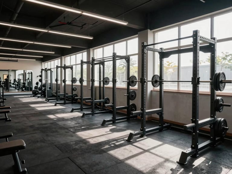 Wide-angle interior shot of a completed mid-size commercial gym, power racks aligned along the right wall, rubber flooring in dark tiles, natural daylight from high windows illuminating the full room, mirrors reflecting the equipment rows on the opposite wall, no people, shot from the entrance looking diagonally across the floor plan