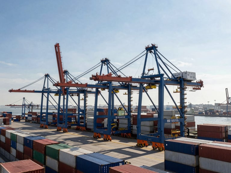 Wide-angle environmental shot of a modern shipping terminal at daylight, towering blue container cranes, organized cargo stacks, high-contrast shadows.