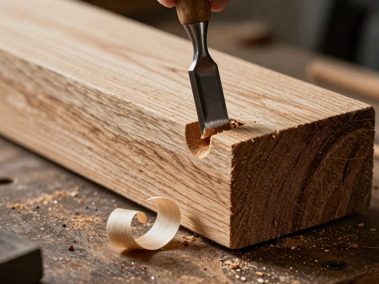 Extreme close-up of a sharp steel chisel shaving a mortise joint in a massive oak timber, clean wood curls falling on a dark workbench, high-contrast side-light.