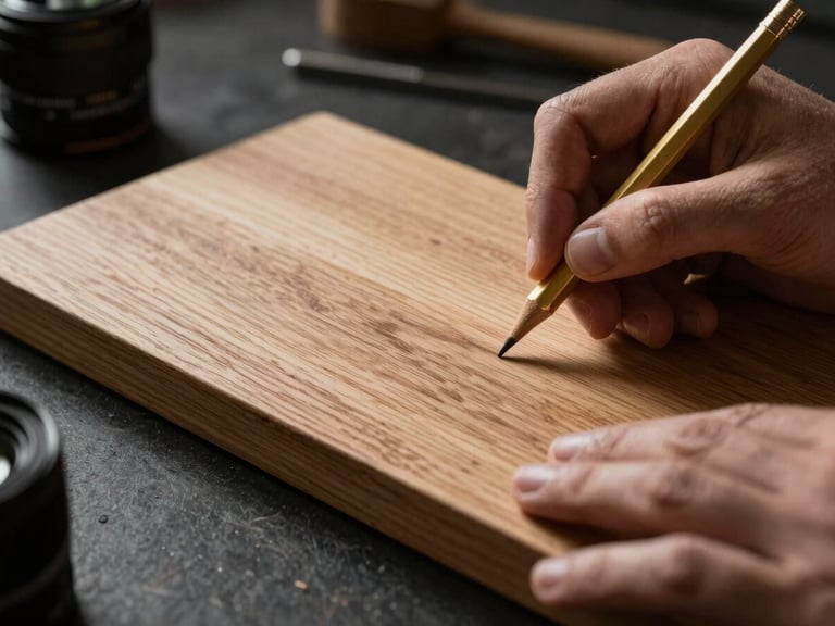 Hands marking raw oak grain with a brass pencil on a dark workbench, high-contrast side-light emphasizing the texture.