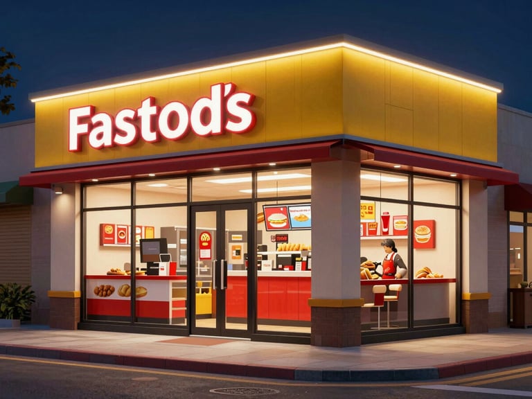 Wide shot of a modern fast-food storefront at night, neon signs glowing, urban street scene, crisp studio lighting, saturated primary colors.