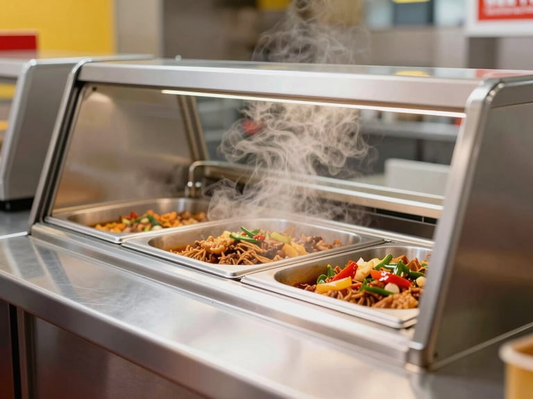 Interior shot of a clean, efficient fast-food kitchen, focus on hot-holding equipment, steam visible, crisp studio lighting, sharp hard shadows.